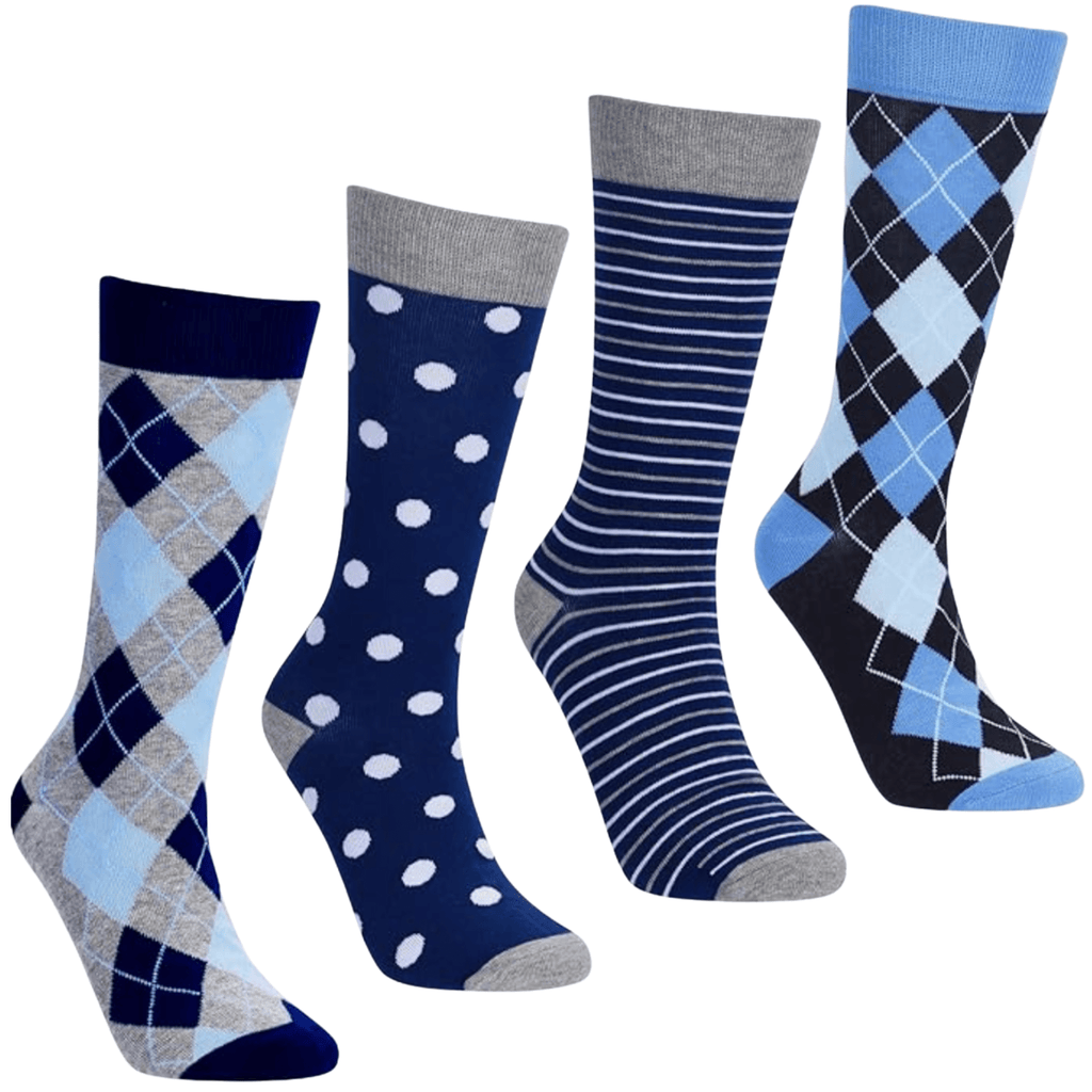 True blue sock bundle featuring argyle, polka dot, striped, and check crew socks (4 pairs)