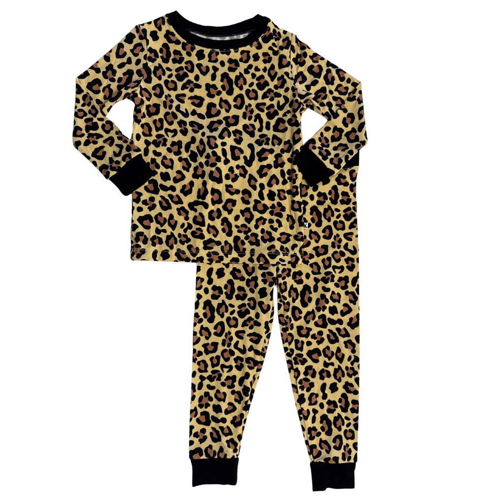 Leopard print long-sleeve pajama set with matching tapered pants