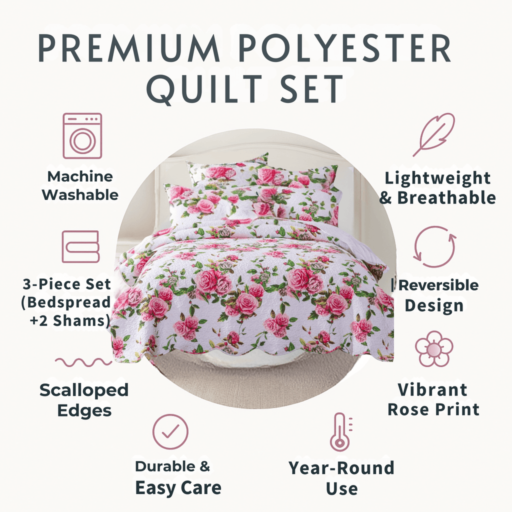 Lightweight quilt set with pink rose floral print, scalloped edges, reversible design