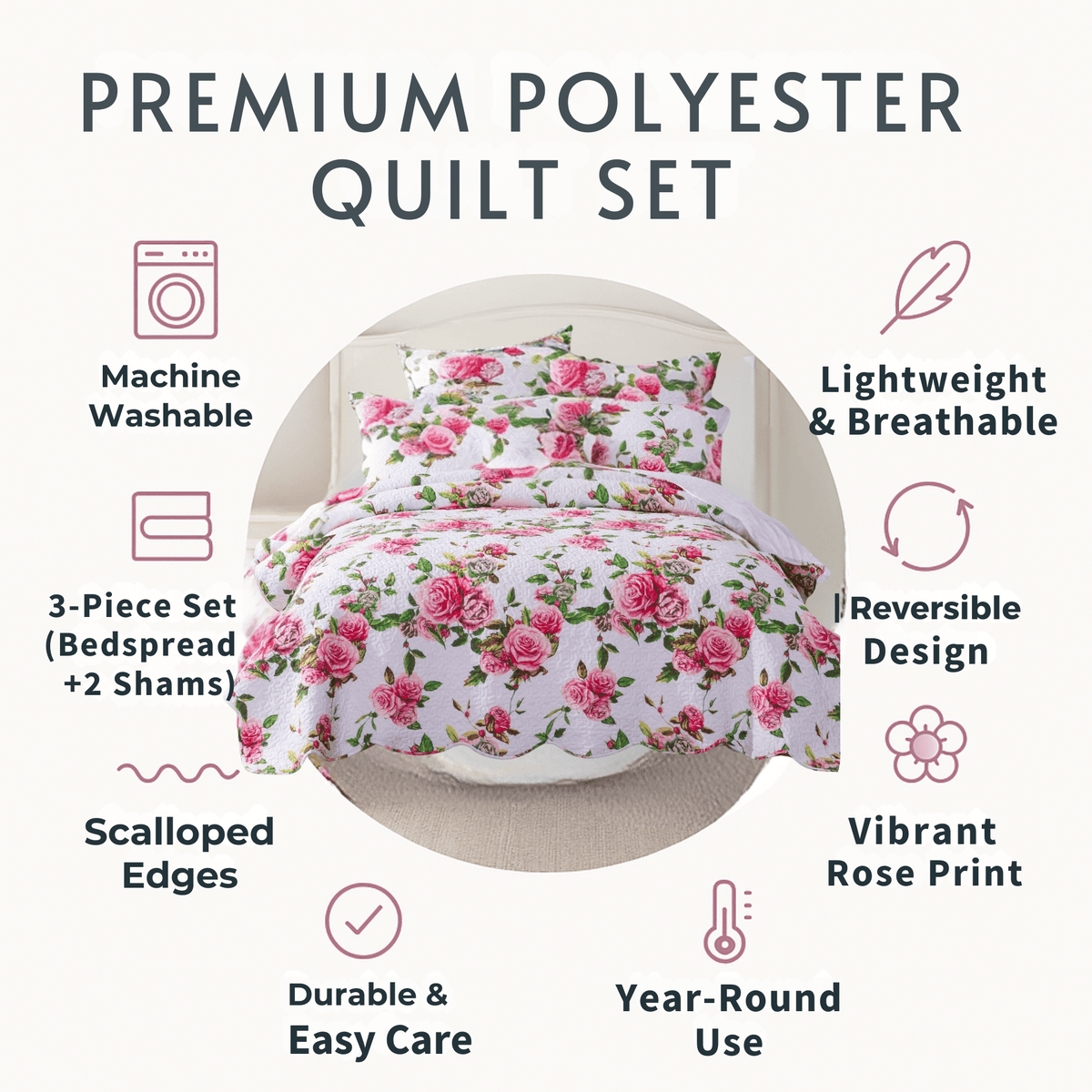 Lightweight quilt set with pink rose floral print, scalloped edges, reversible design
