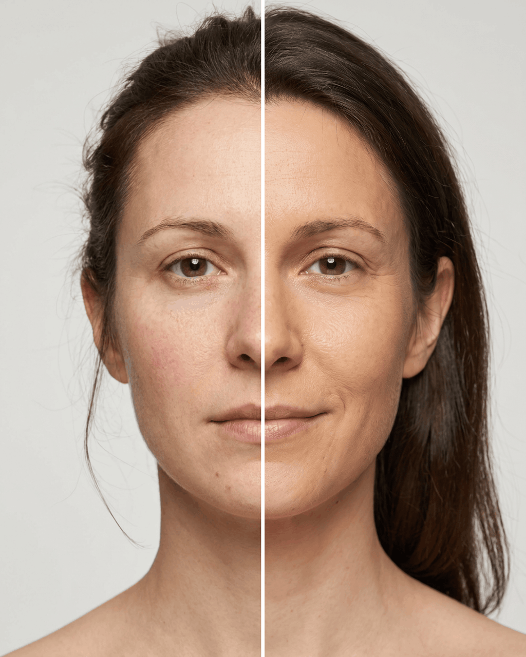 Woman wearing bronzing serum on face, split comparison before/after