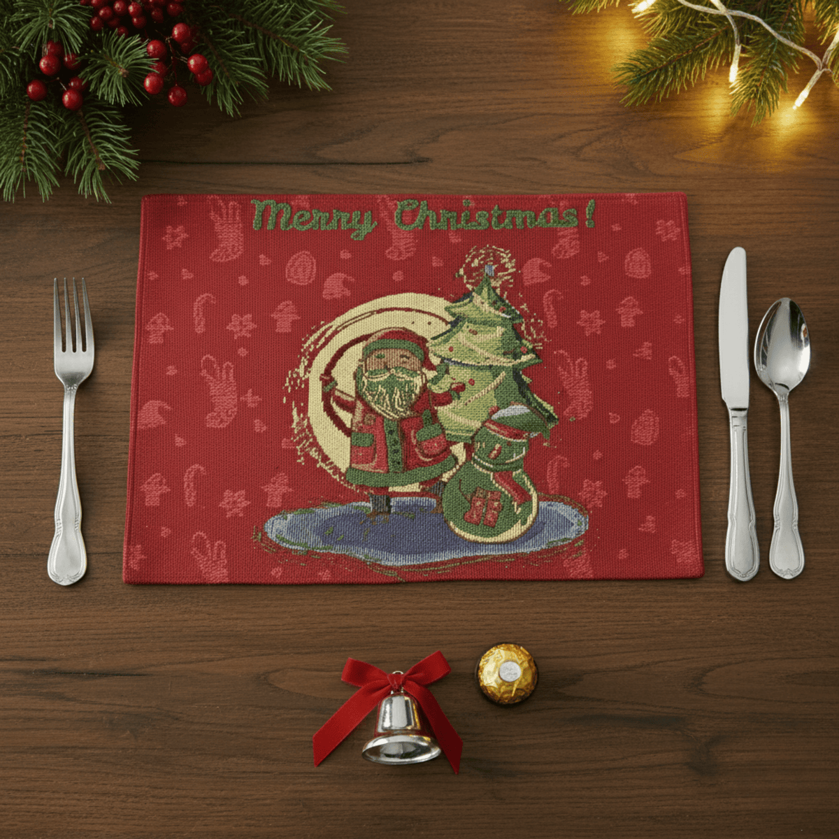 Red Christmas tapestry placemat with Merry Christmas and Santa holding a tree