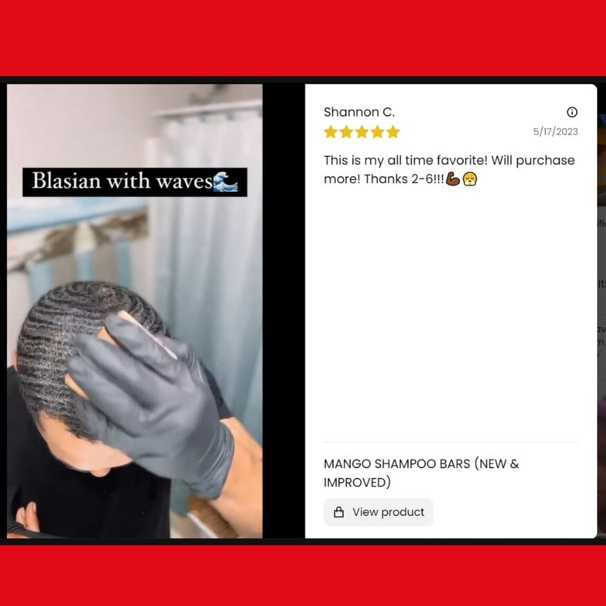 Shampoo bar product listing thumbnail and customer review screenshots