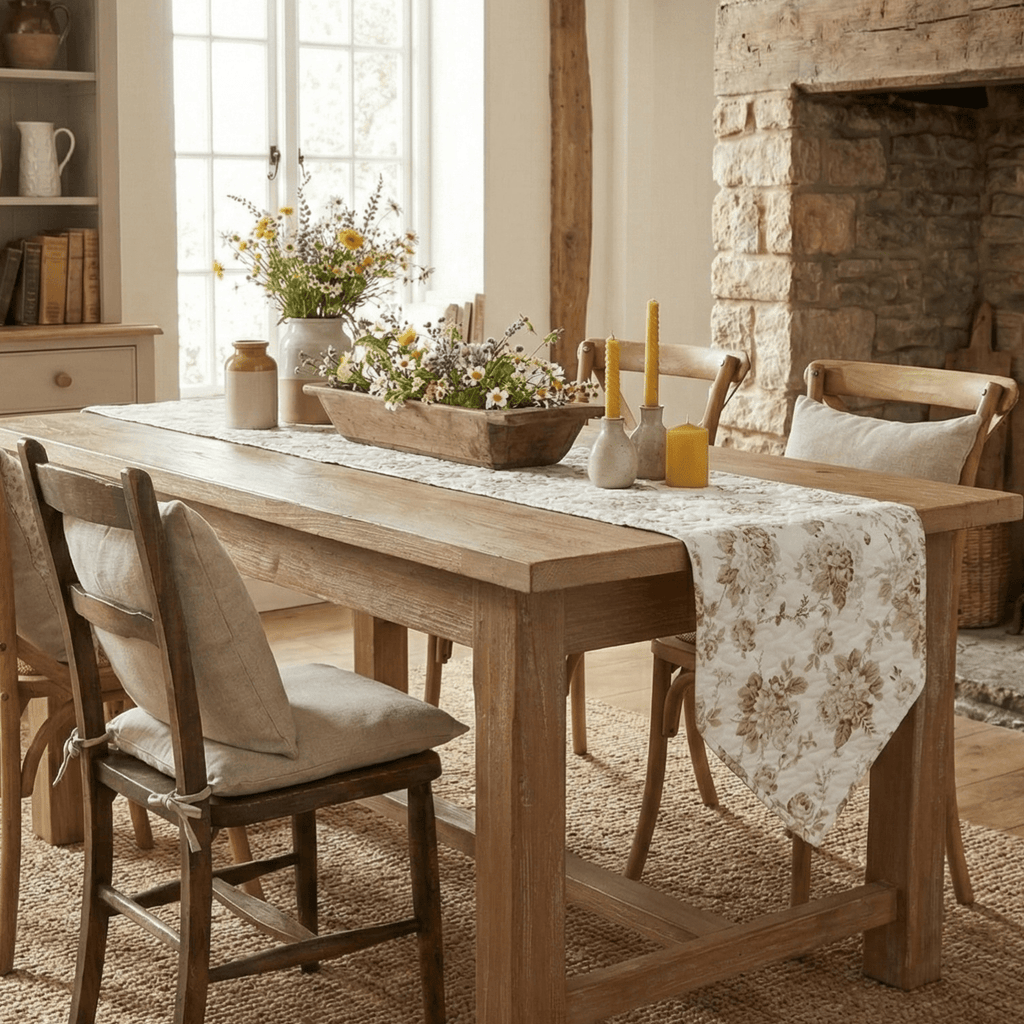 DaDa Bedding Hint of Mint Cottage Floral Roses Quilted Cotton Dining Table Runner (3036)