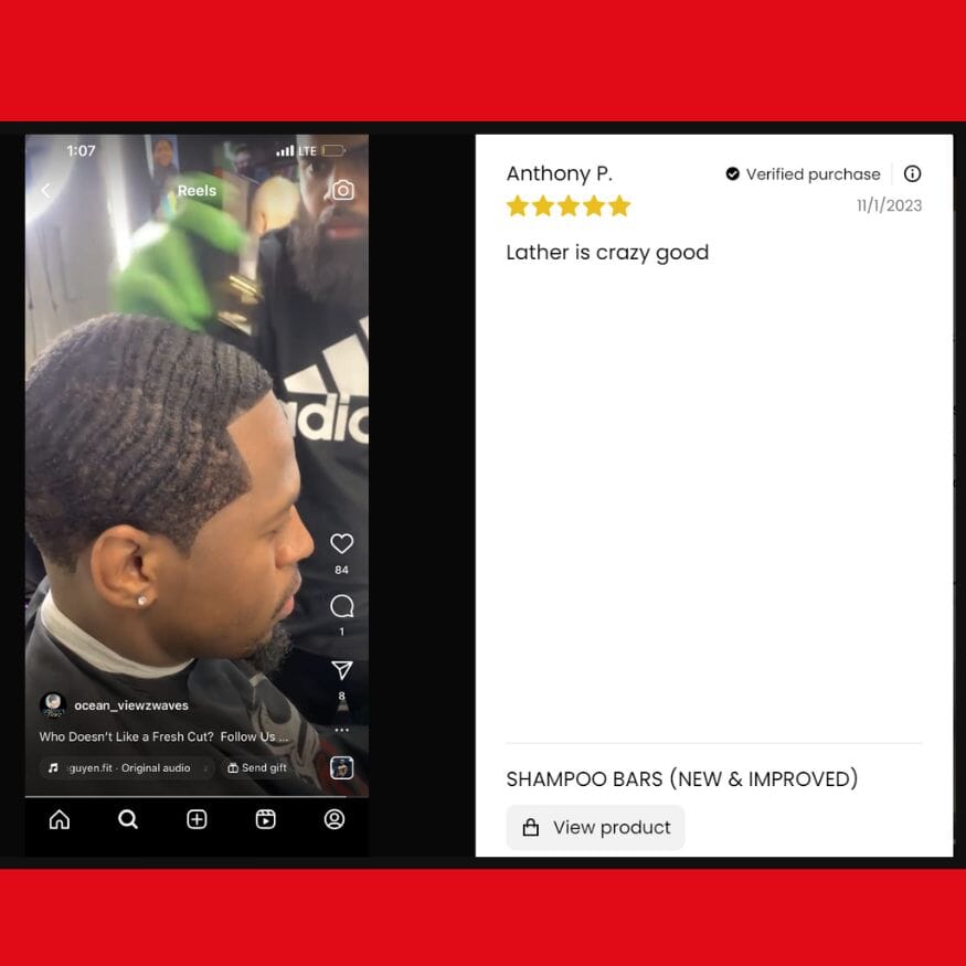 Customer review screen for shampoo bars with star rating and purchase details
