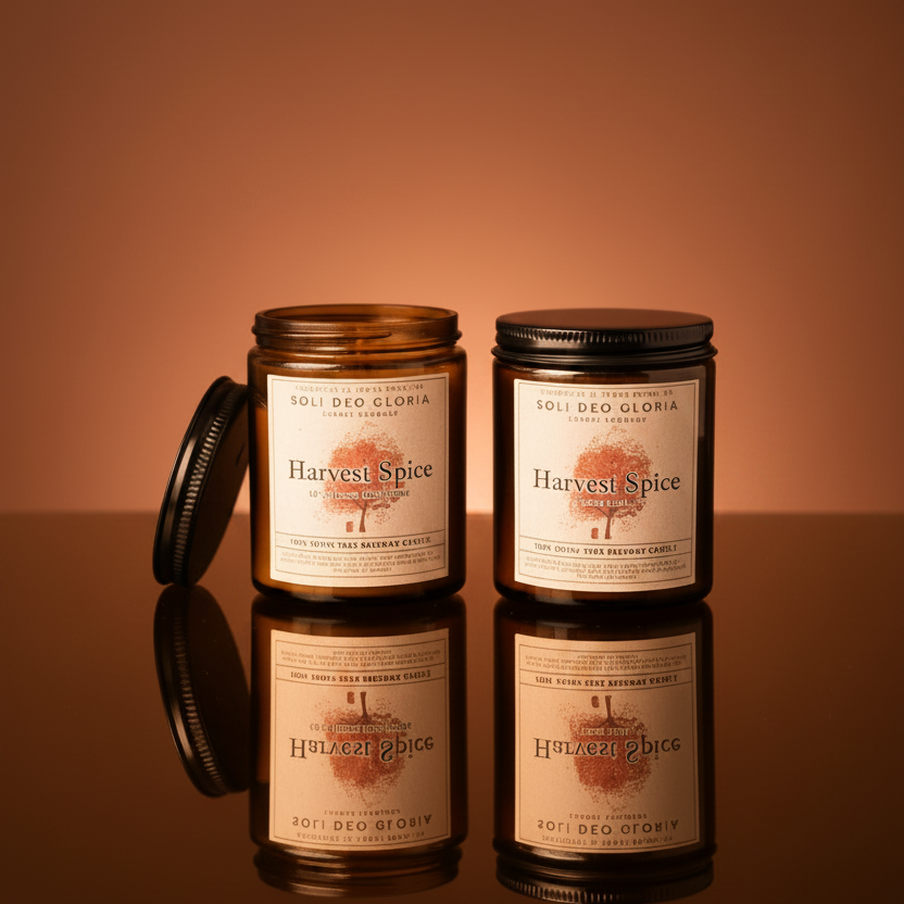 Amber Harvest Spice beeswax candle jars with black lids, two-pack on reflective surface