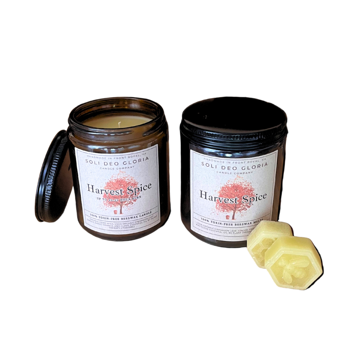 Amber glass jar beeswax candle with Harvest Spice label, black lid, plus hex wax chunk
