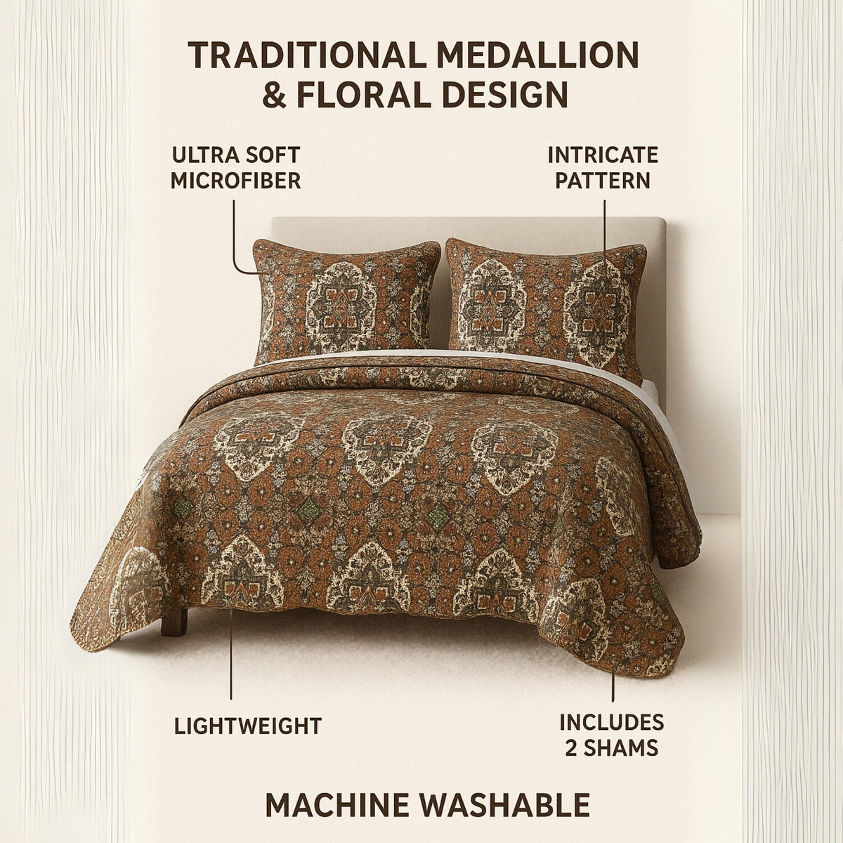 Quilted bedspread set in brown and teal with traditional medallion pattern; includes 2 shams