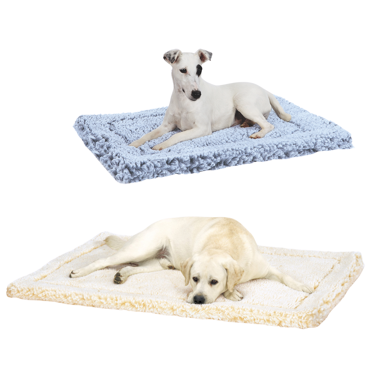 Fleece mat cat and dog bed in gray and natural, with dogs resting