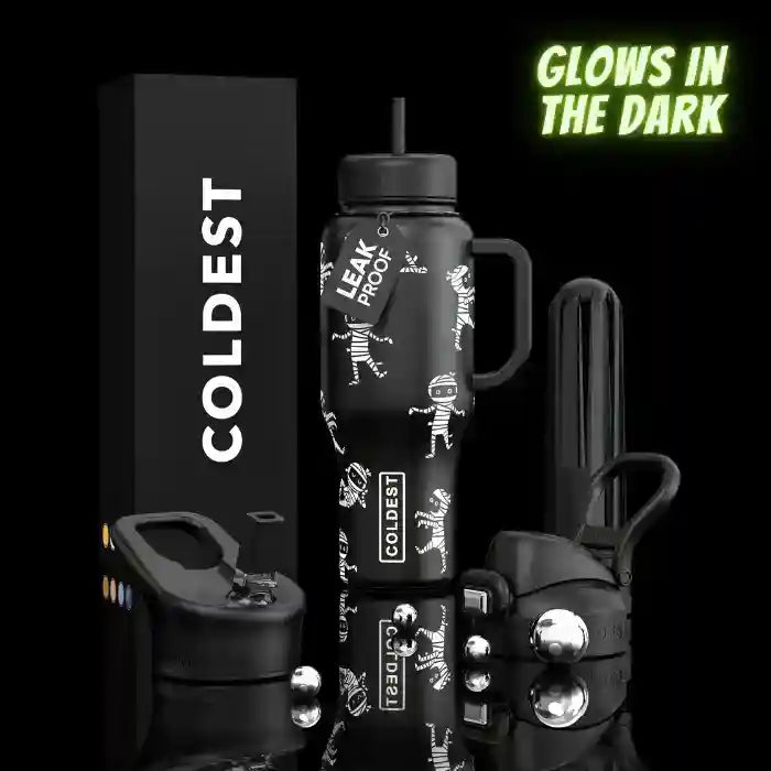 36oz insulated water bottle with black finish and white graphic, straw lid, and handle