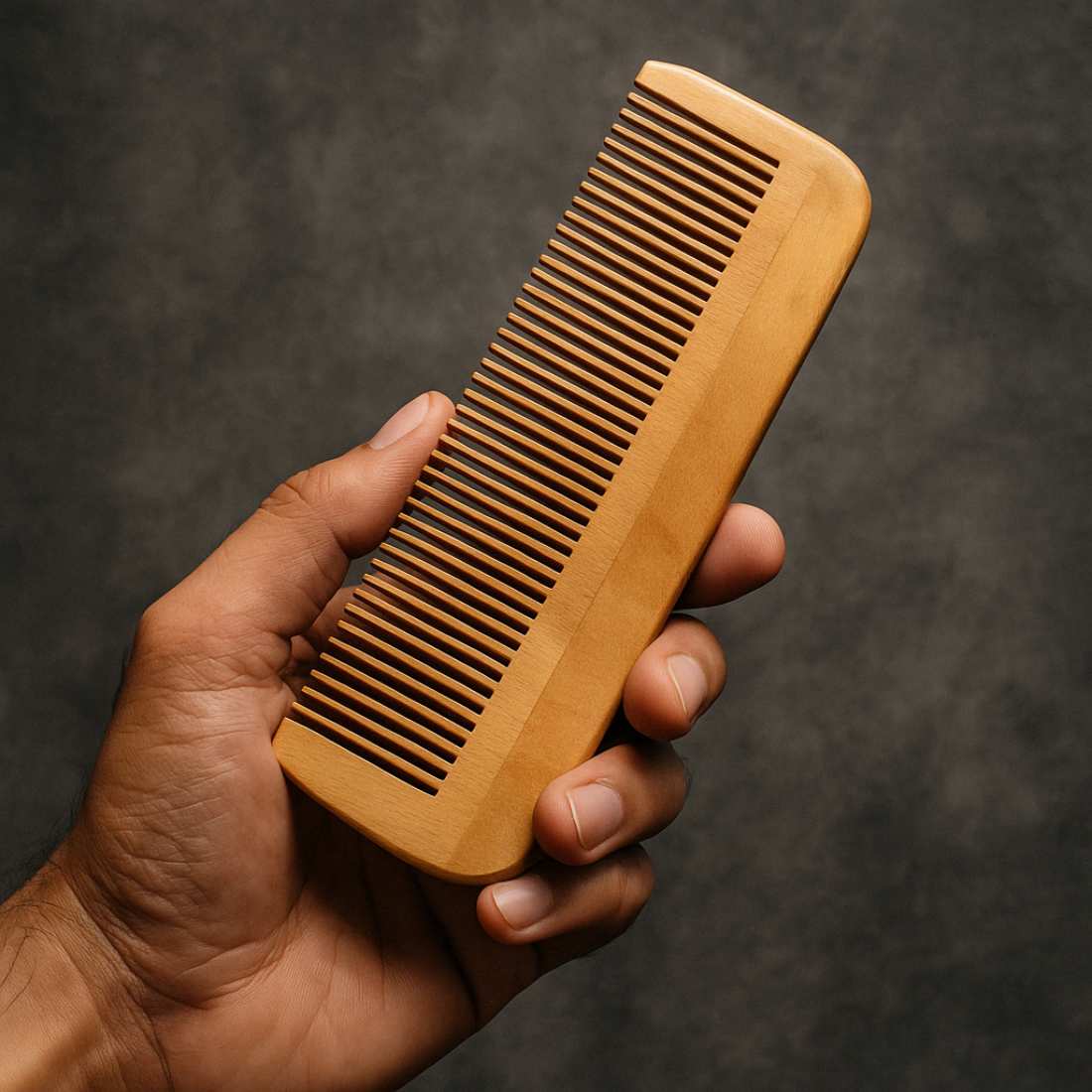 Wooden hair comb in hand, evenly spaced long straight teeth, smooth rounded back