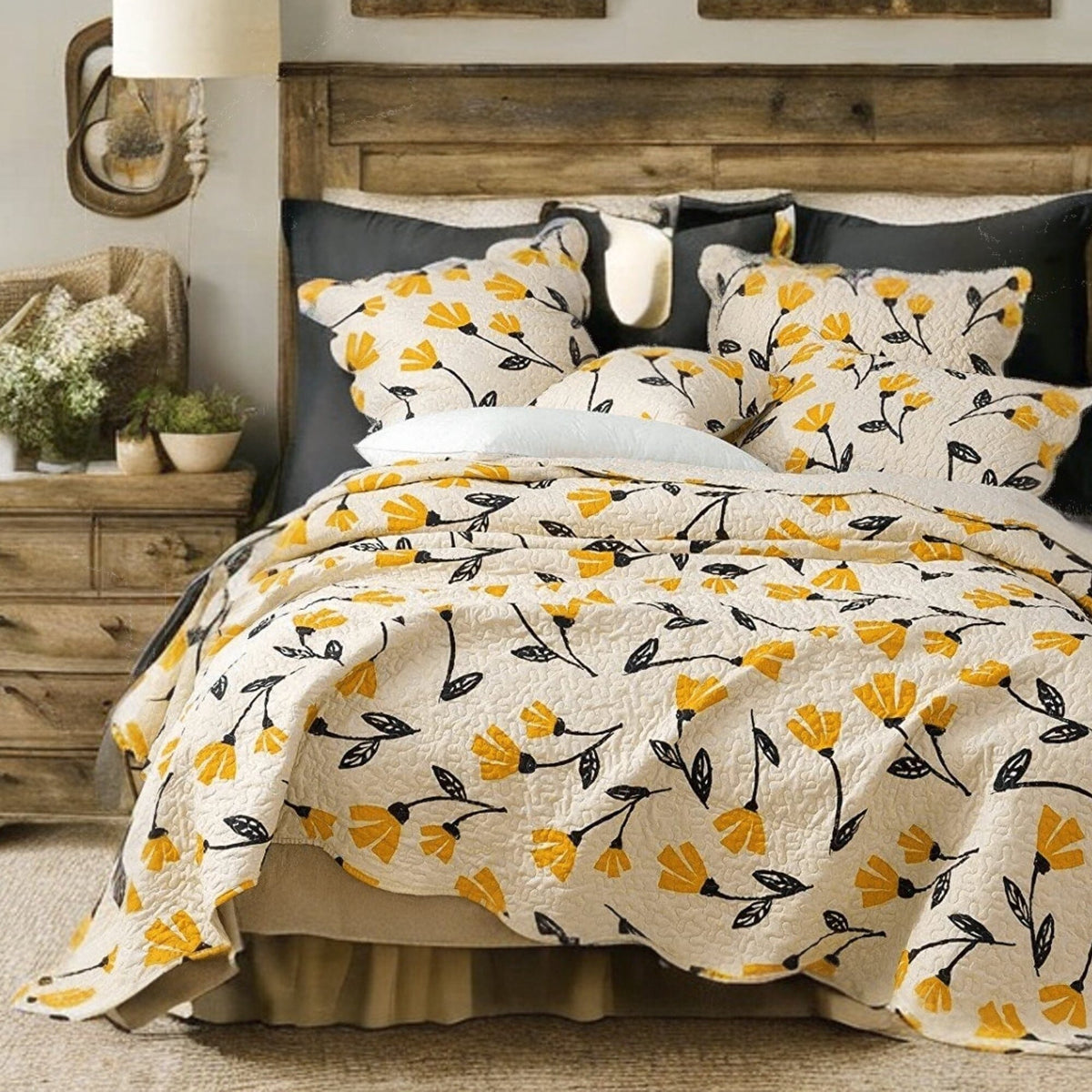 Ivory quilt set with yellow flower and black leaf pattern bedspread