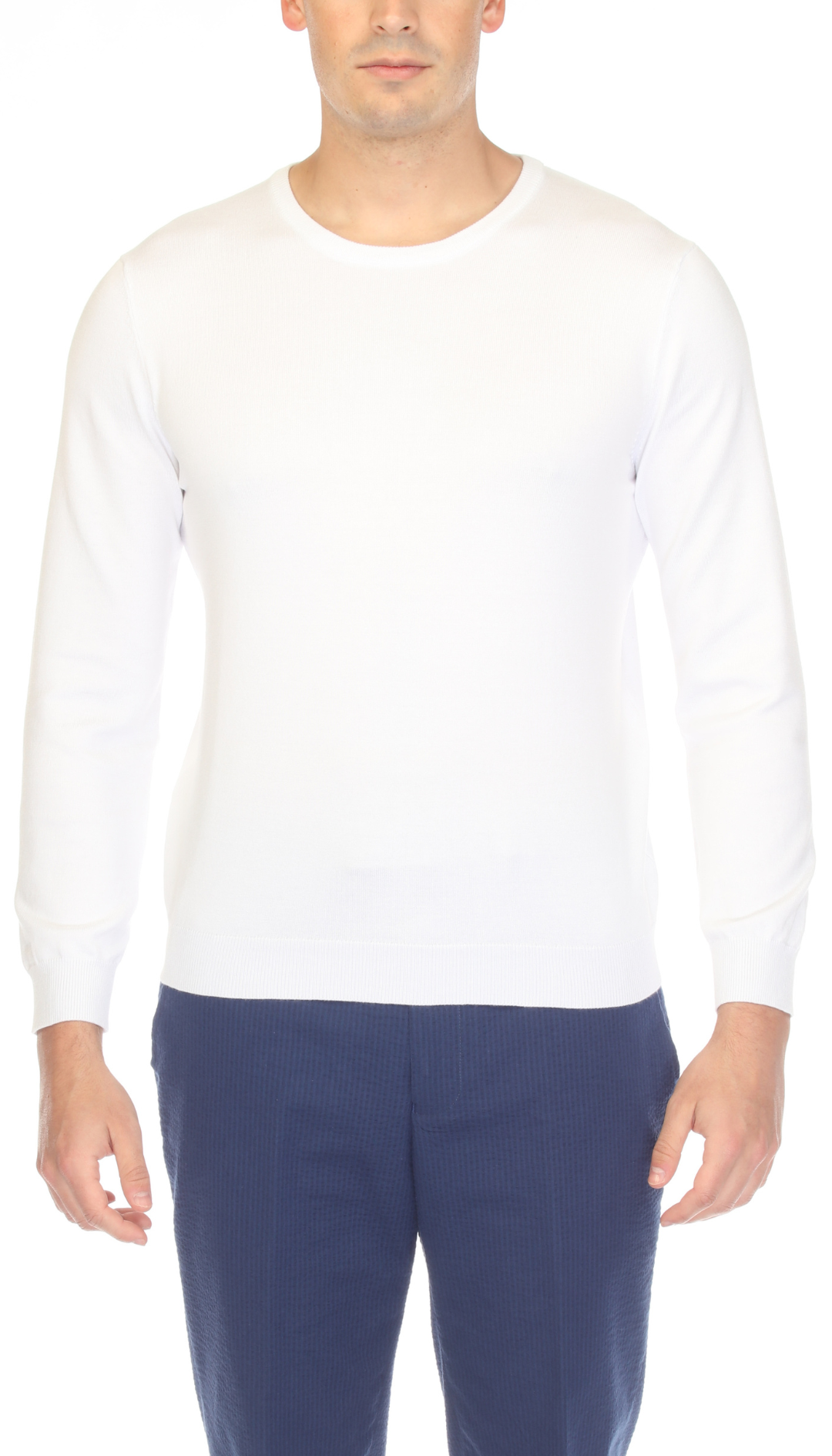Men's white crewneck pullover sweater, long sleeves, knitted slim fit