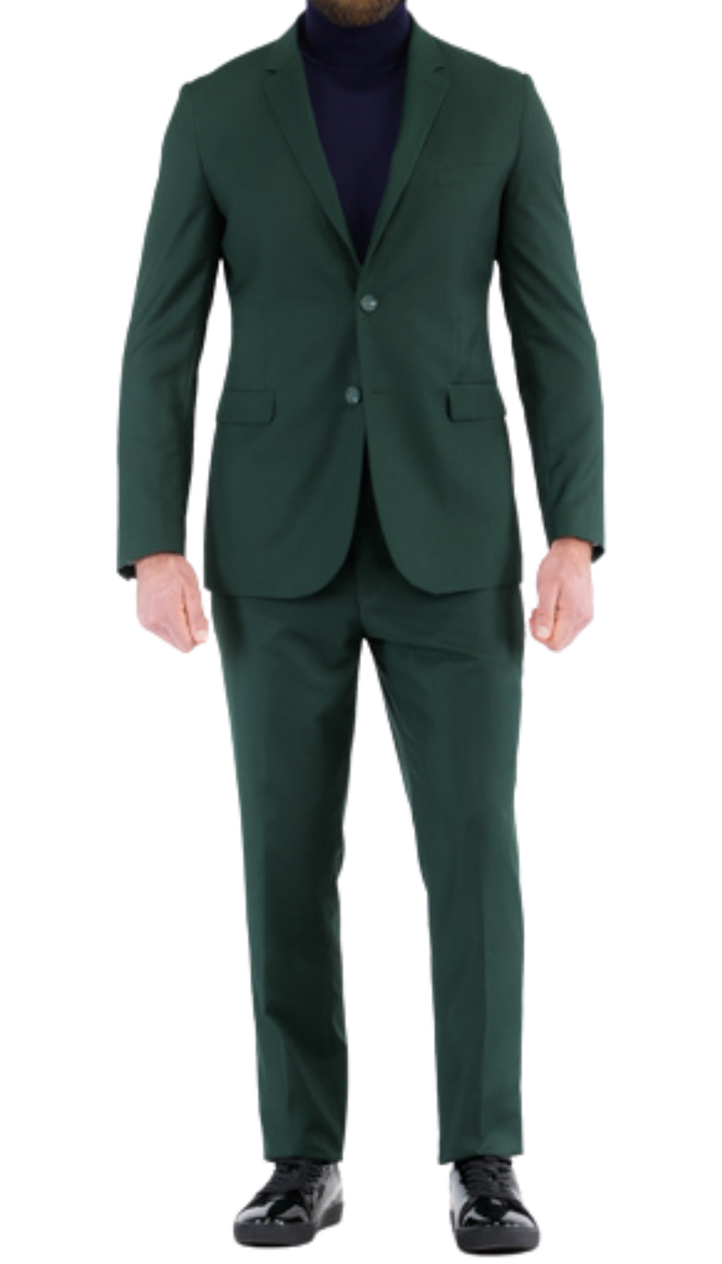 Men's hunter green slim-fit notch lapel suit with two-button blazer and matching trousers