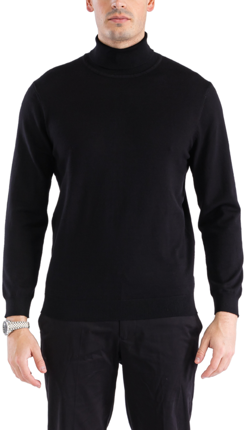 Men's black pullover turtleneck sweater with ribbed collar and long sleeves