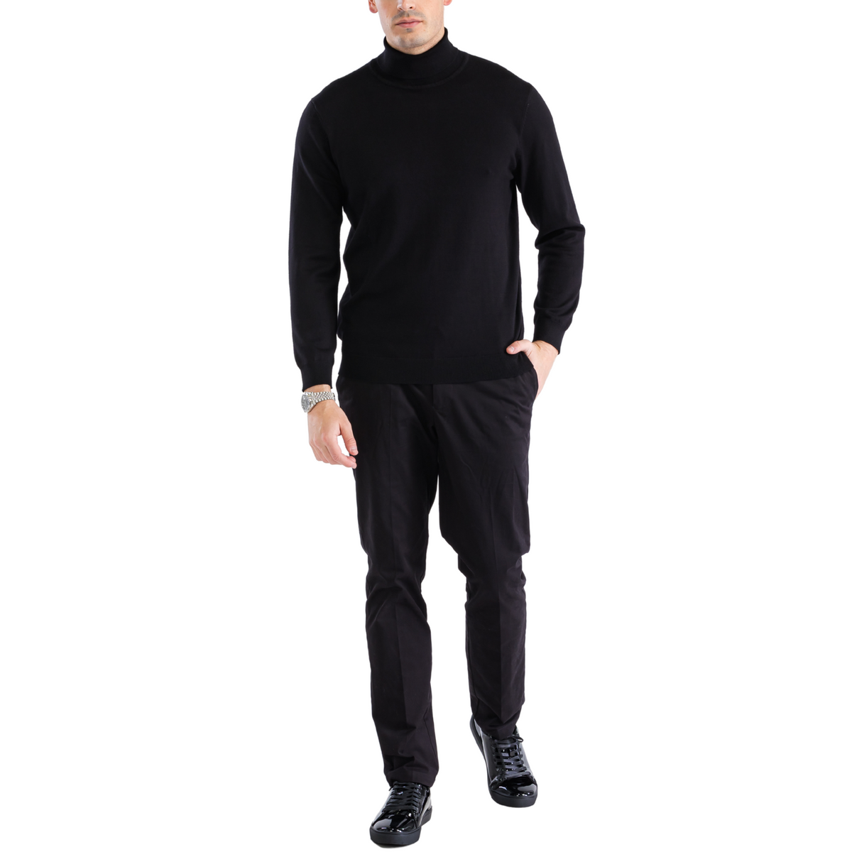 Men's black turtleneck pullover sweater, long sleeves, smooth knit