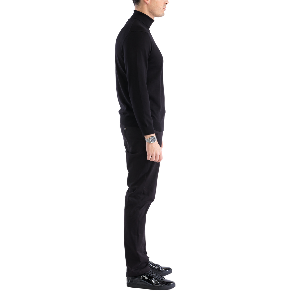 Men's black pullover turtleneck sweater, side profile, long sleeves
