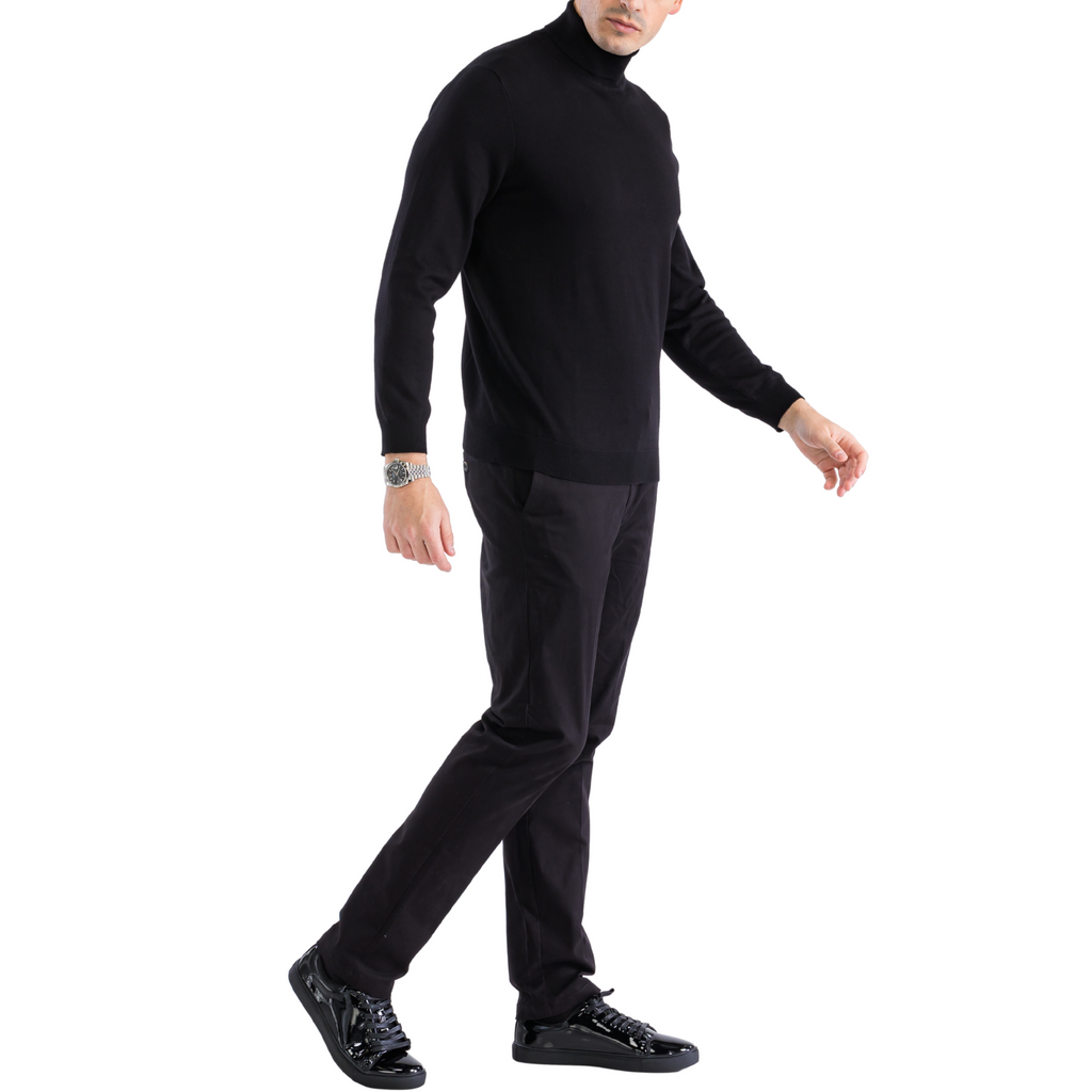 Men's black pullover turtleneck sweater with relaxed fit and long sleeves