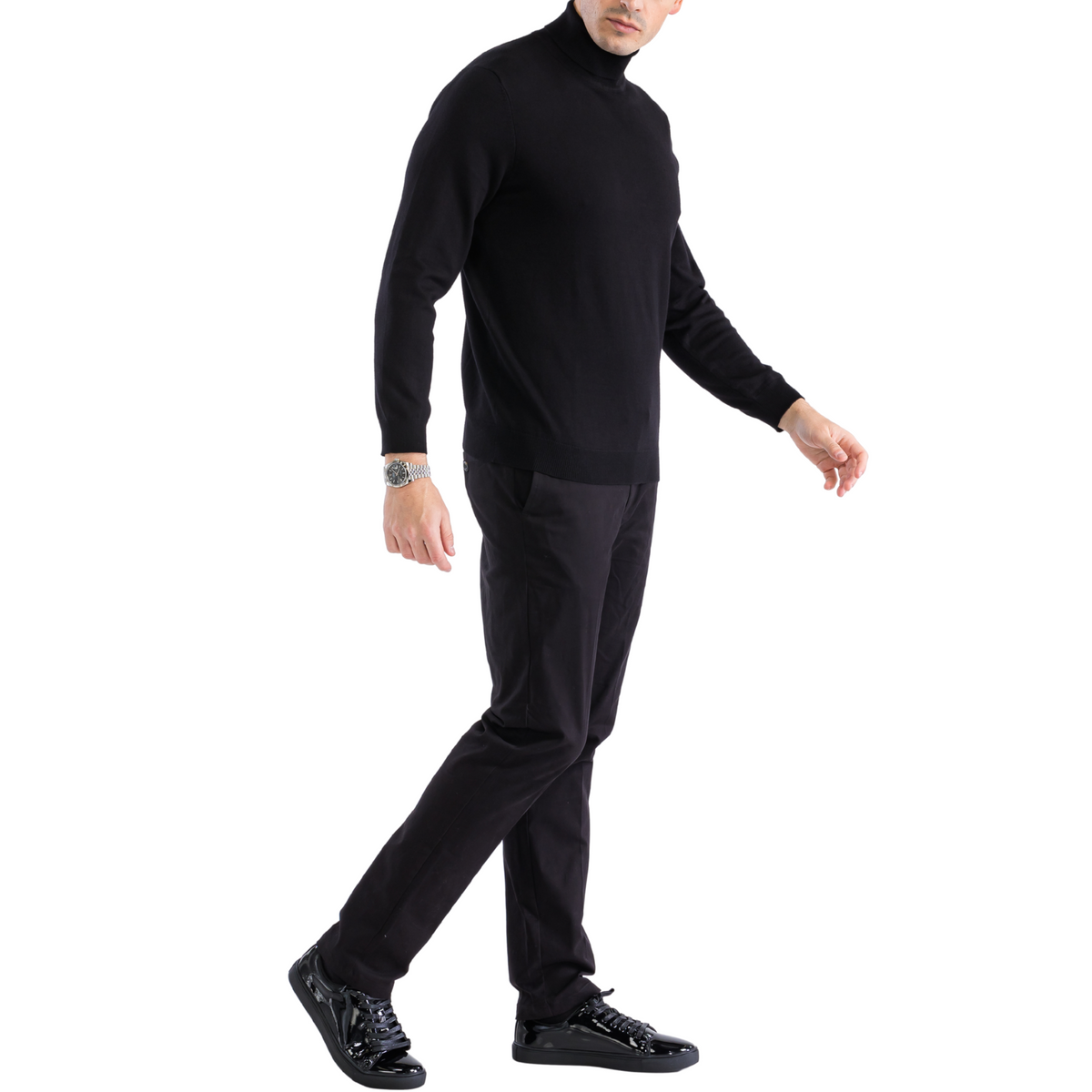 Men's black pullover turtleneck sweater with relaxed fit and long sleeves