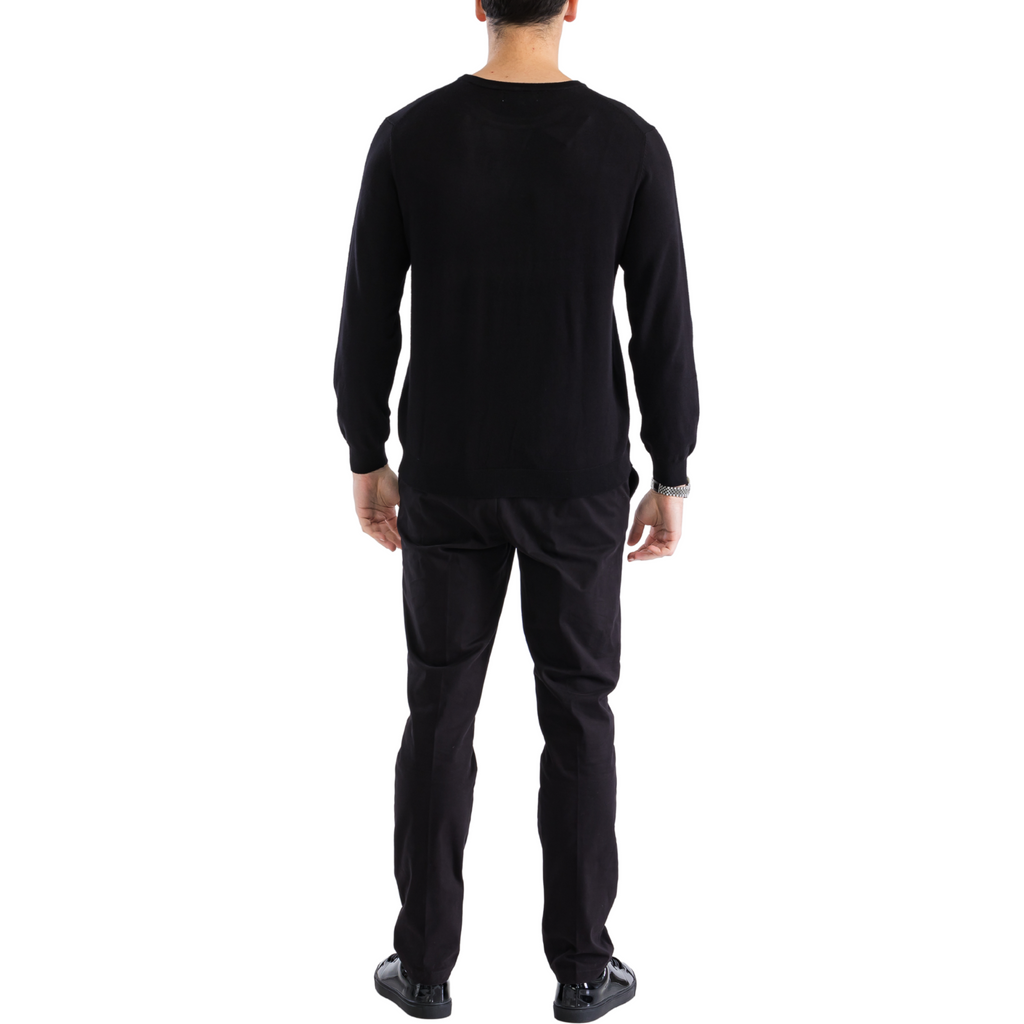 Men's black crewneck knitted pullover sweater, back view, long sleeves