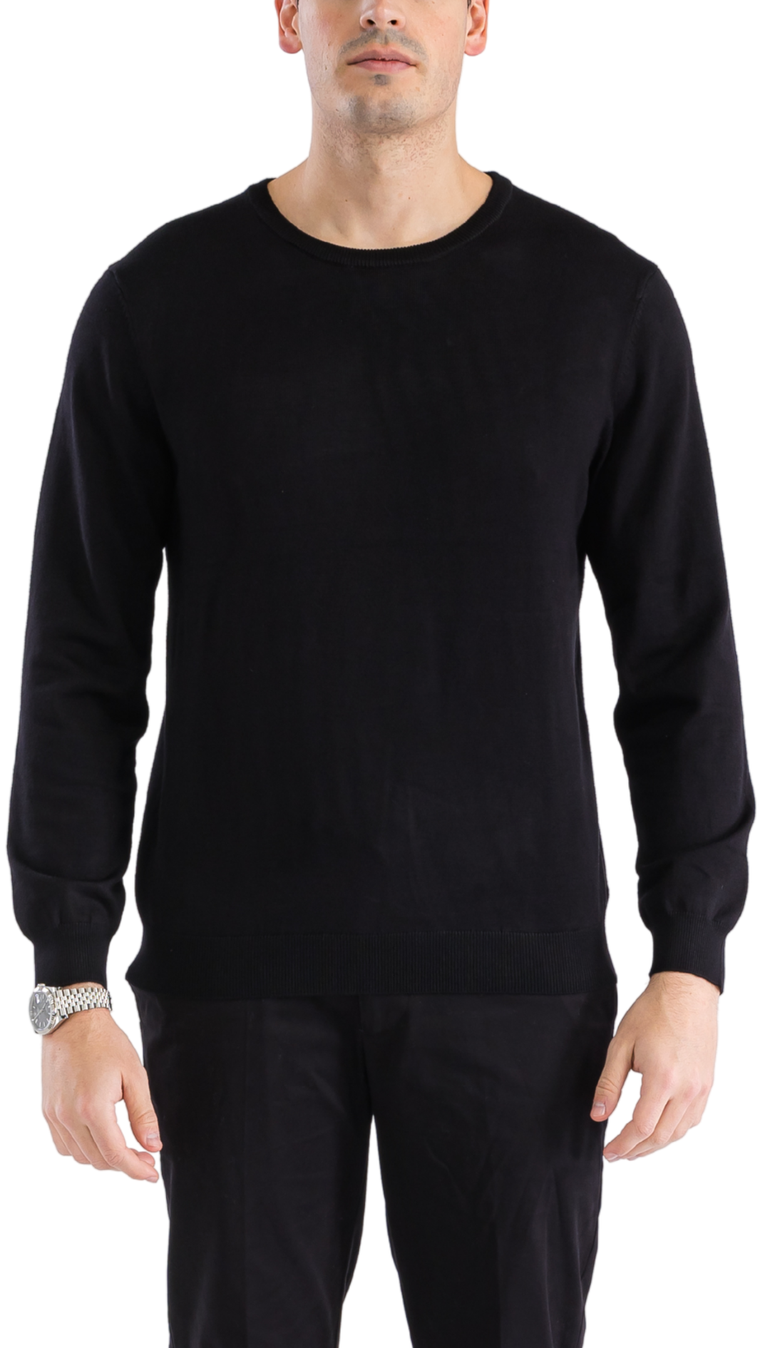 Men's black crewneck knitted pullover sweater with long sleeves, slim fit