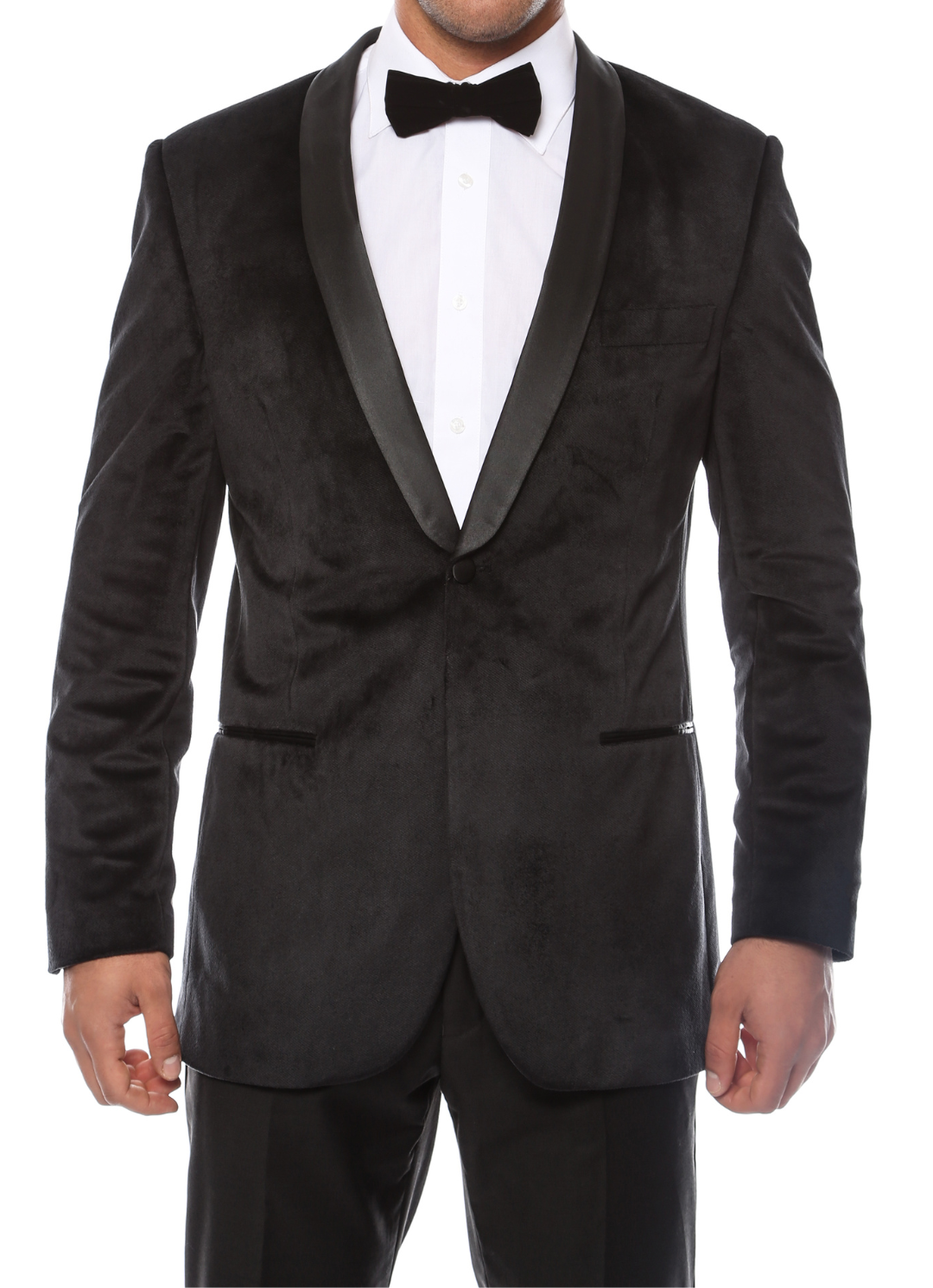 Men's black velvet tuxedo jacket with shawl lapels, front view, slim fit