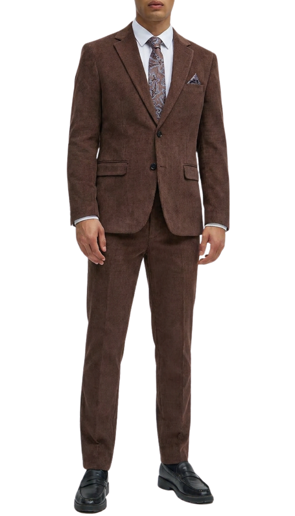 Brown cotton corduroy 2-piece suit with notch lapel blazer and matching trousers