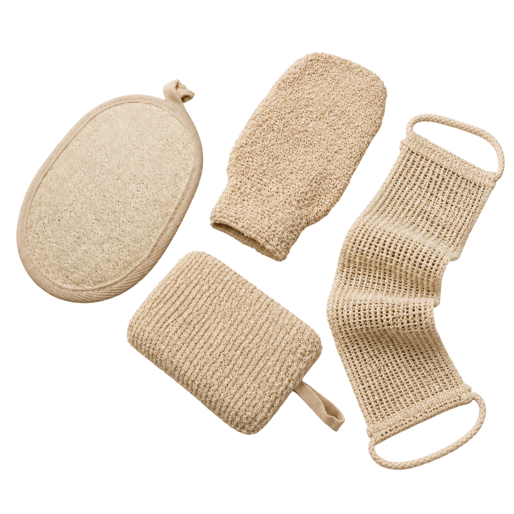 Exfoliating spa scrub set: round pad, oval pad, mesh mitt, and mesh back scrubber with loops