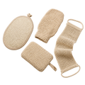 Exfoliating spa scrub set: round pad, oval pad, mesh mitt, and mesh back scrubber with loops