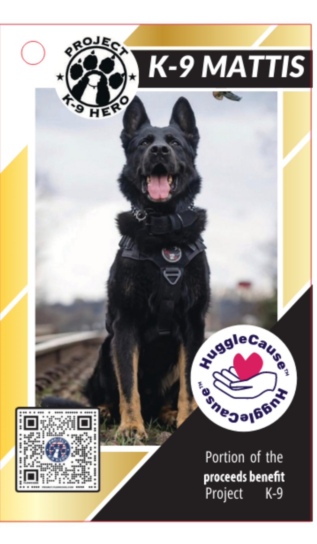 Plush dog toy shown on boxed Project K-9 Hero packaging with K-9 Mattis branding
