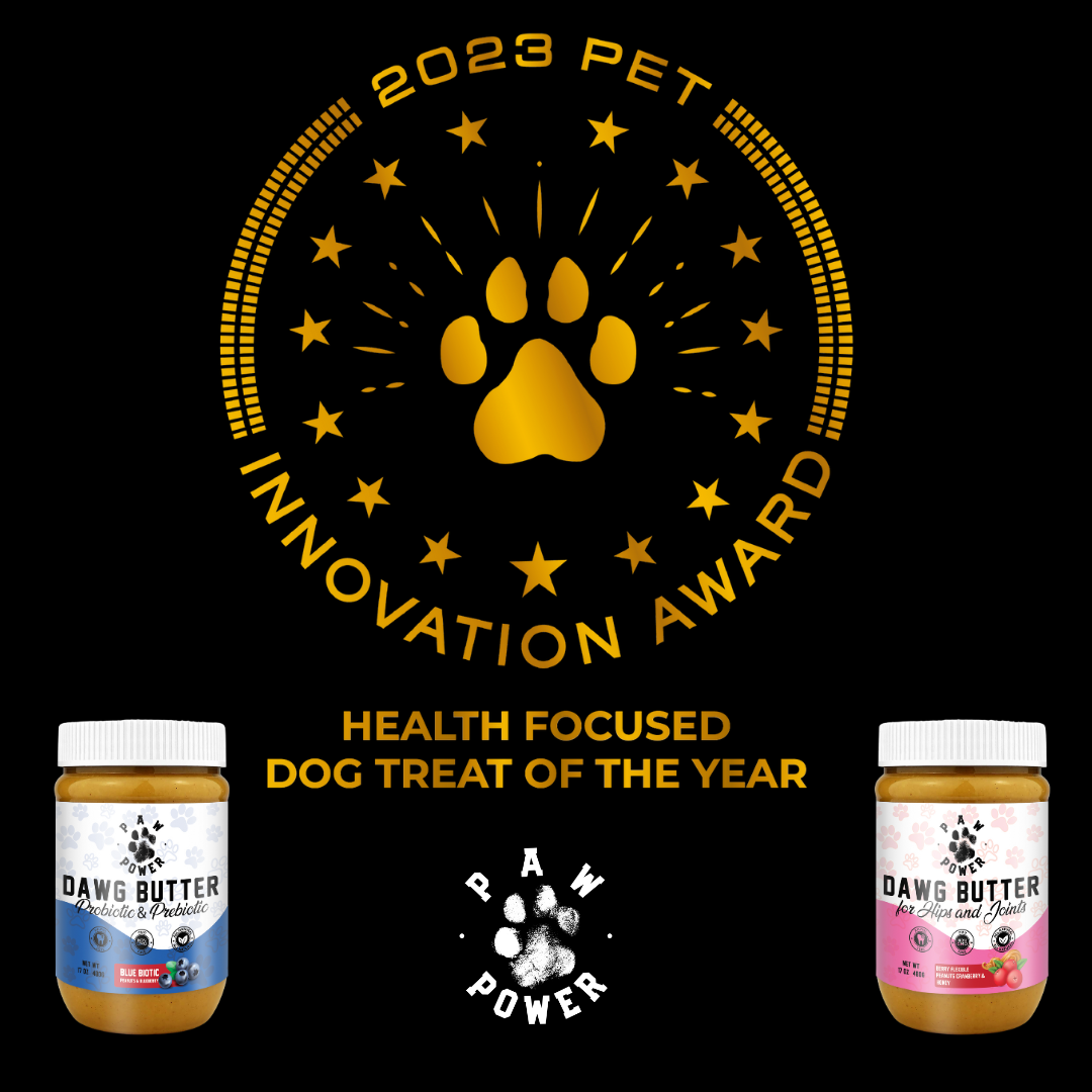 Health focused dog treat of the year award badge with Paw Power paw icon