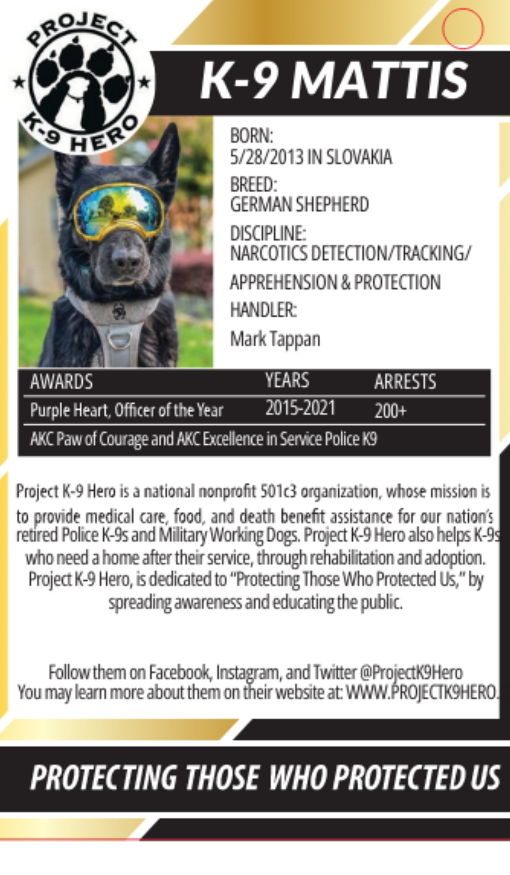 K-9 hero plush toy info card with blue text and dog photo