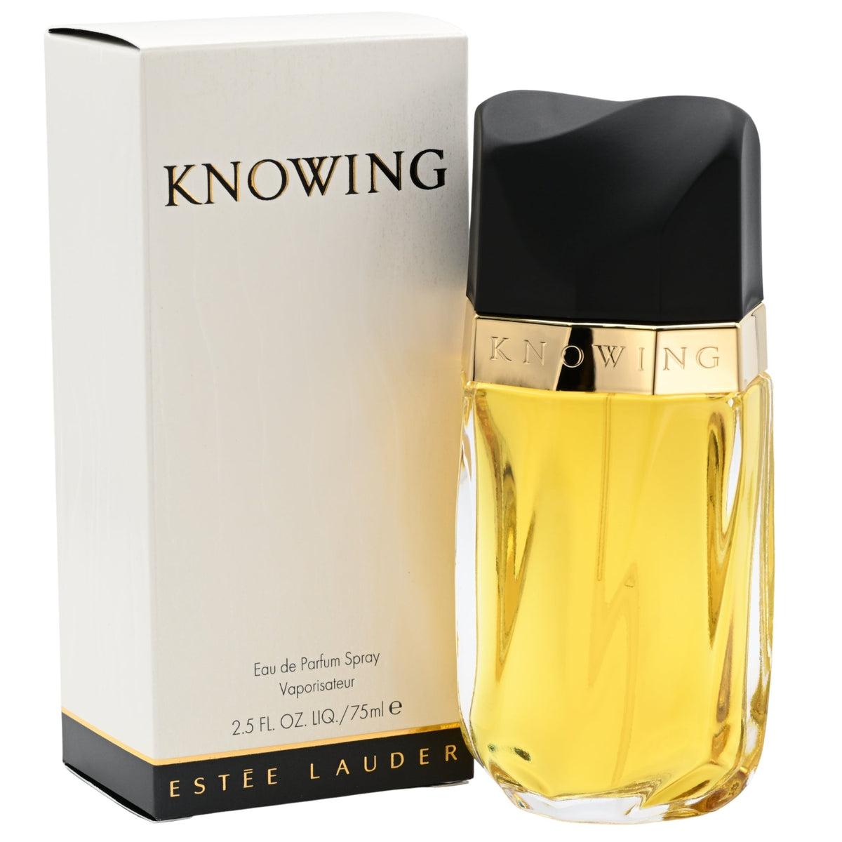 Knowing eau de parfum spray, gold liquid in black faceted glass bottle