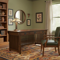 Mission-style wood library desk with 3 drawers and slatted sides, shown in warm finish.
