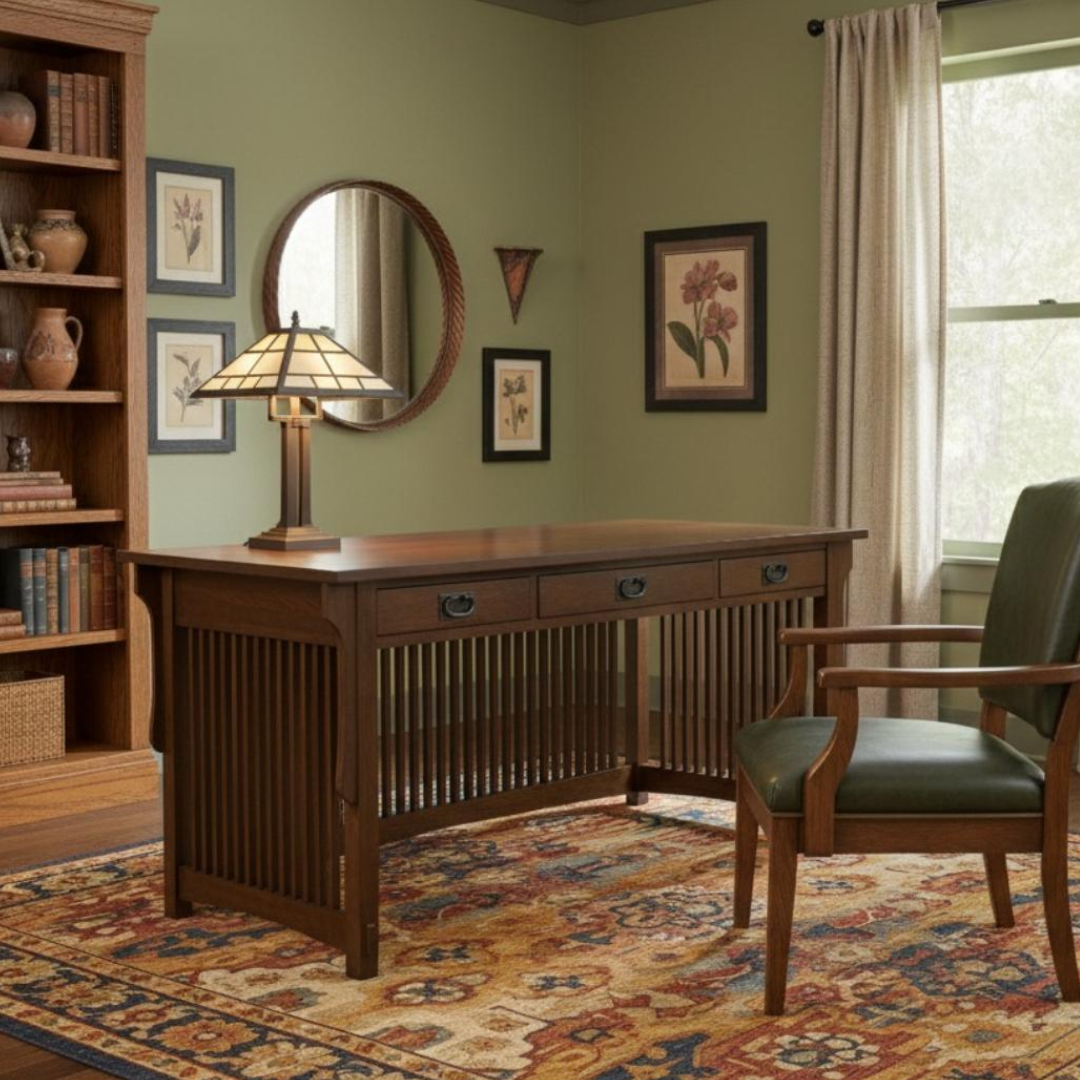 Mission-style wood library desk with 3 drawers and slatted sides, shown in warm finish.