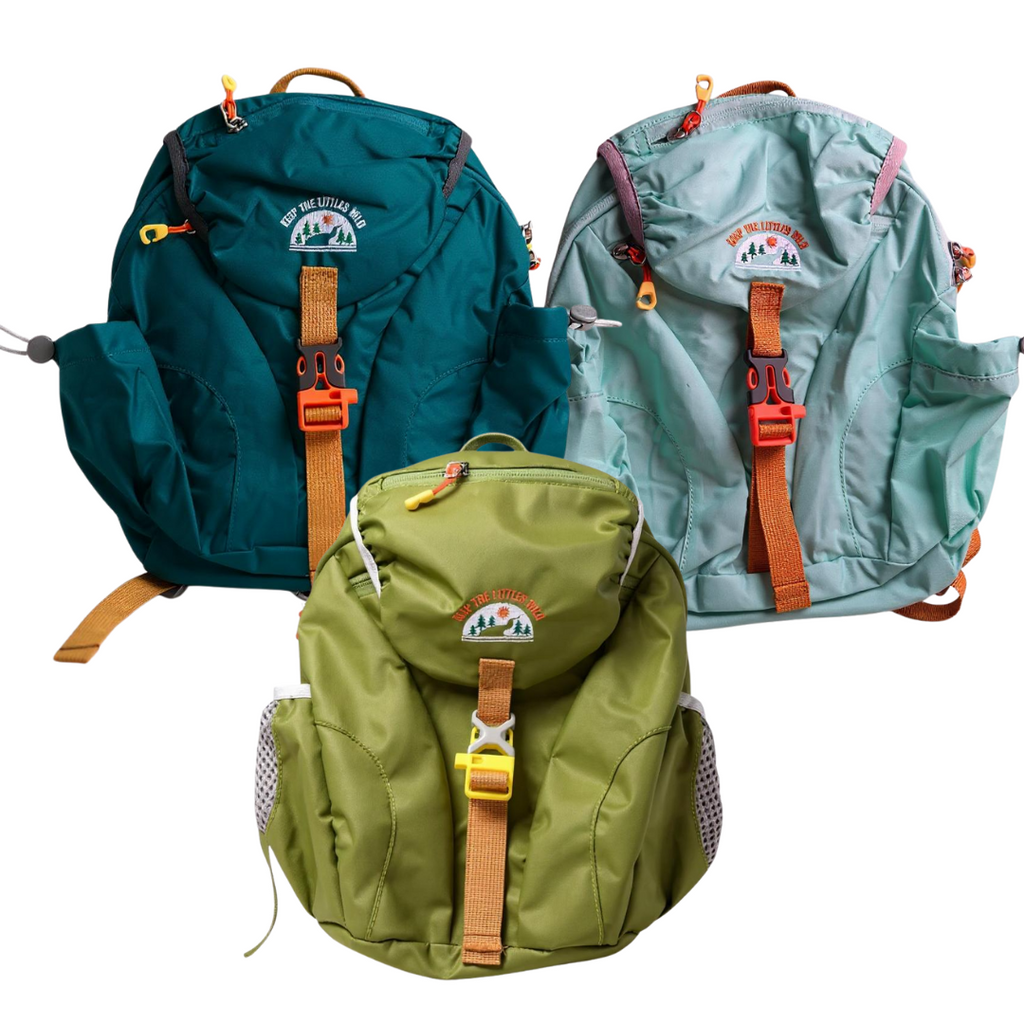 Three toddler hiking backpacks in teal, light blue, and olive green, front views