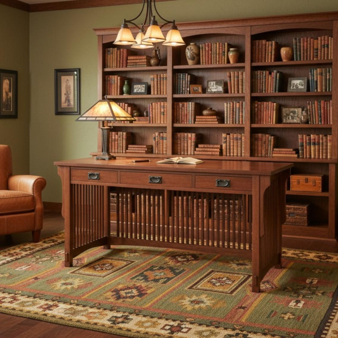 Wood 3-drawer library desk with open shelf ends and slatted paneling, warm brown finish.