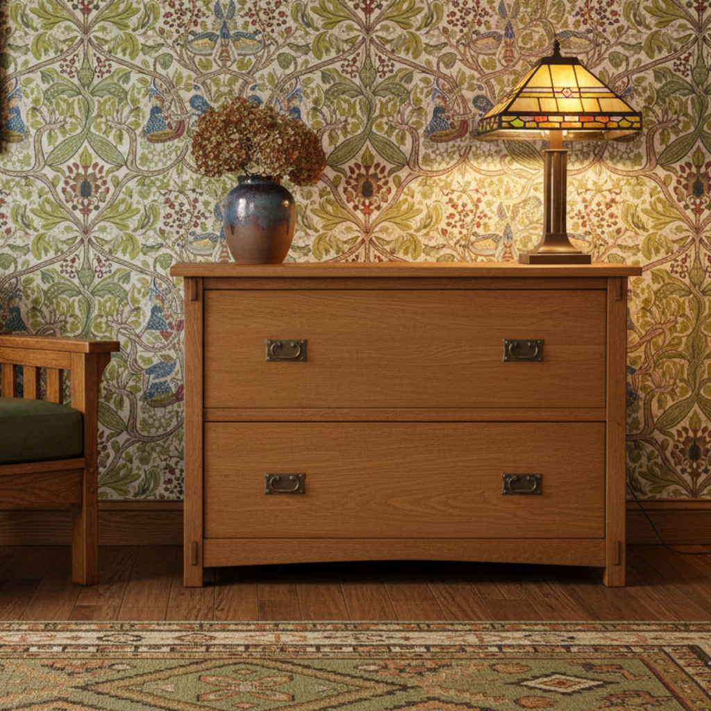 Walnut-stain 2-drawer lateral file cabinet with two bar pulls and full base