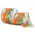 Natural linen ribbon, 2.5-inch wide, orange pumpkins and cheetah print with green leaves