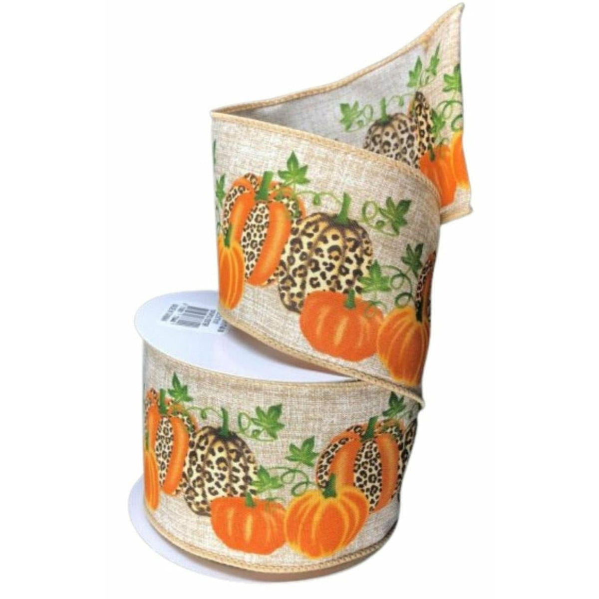 Natural linen ribbon spool with orange pumpkin, cheetah pattern and green leaf accents