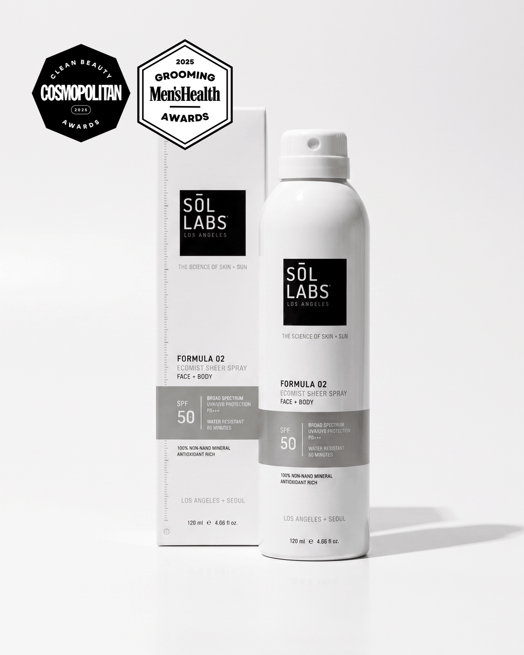 Ecomist Sheer Spray Mineral SPF 50 bottle and box for face and body