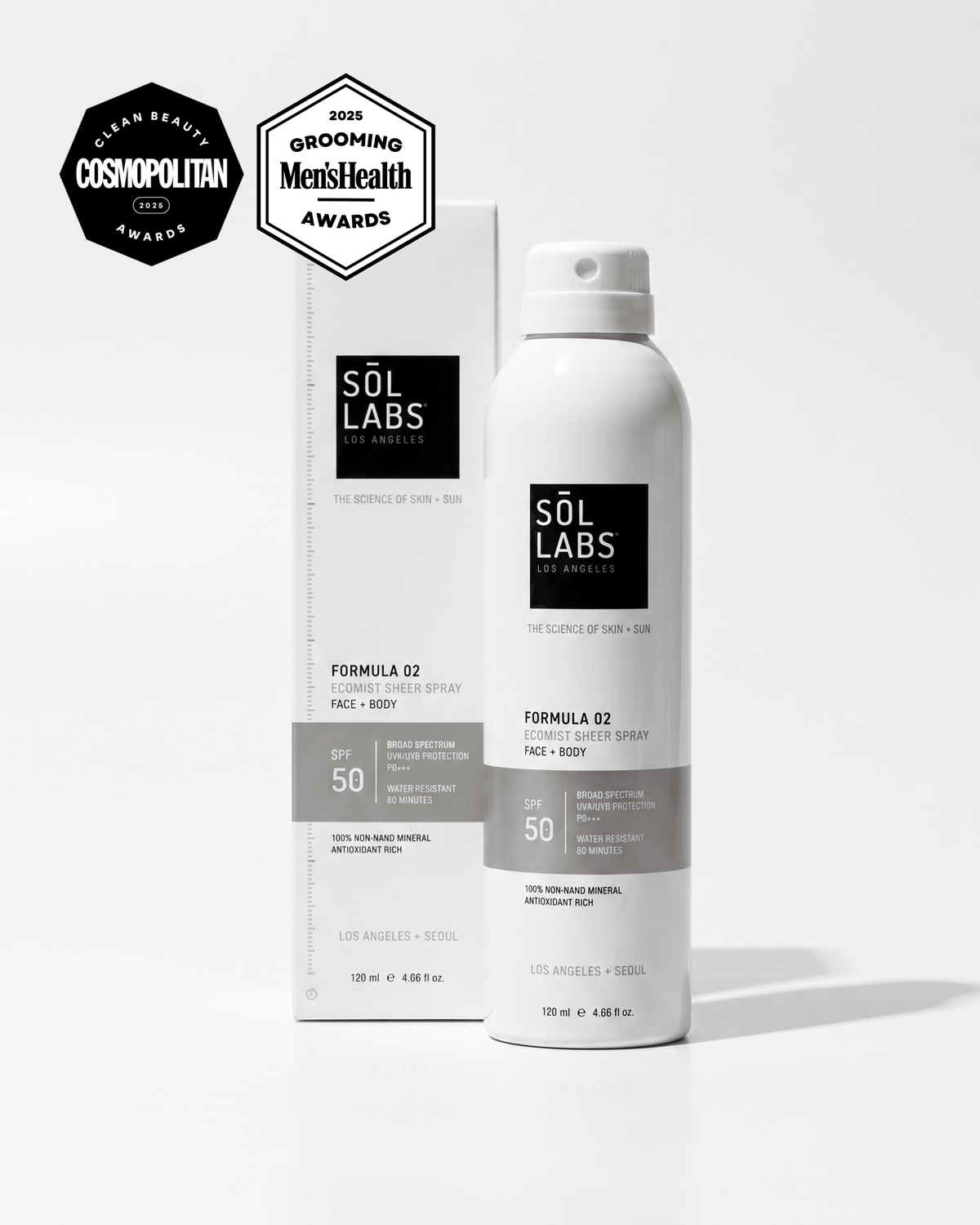 Ecomist Sheer Spray Mineral SPF 50 bottle and box for face and body