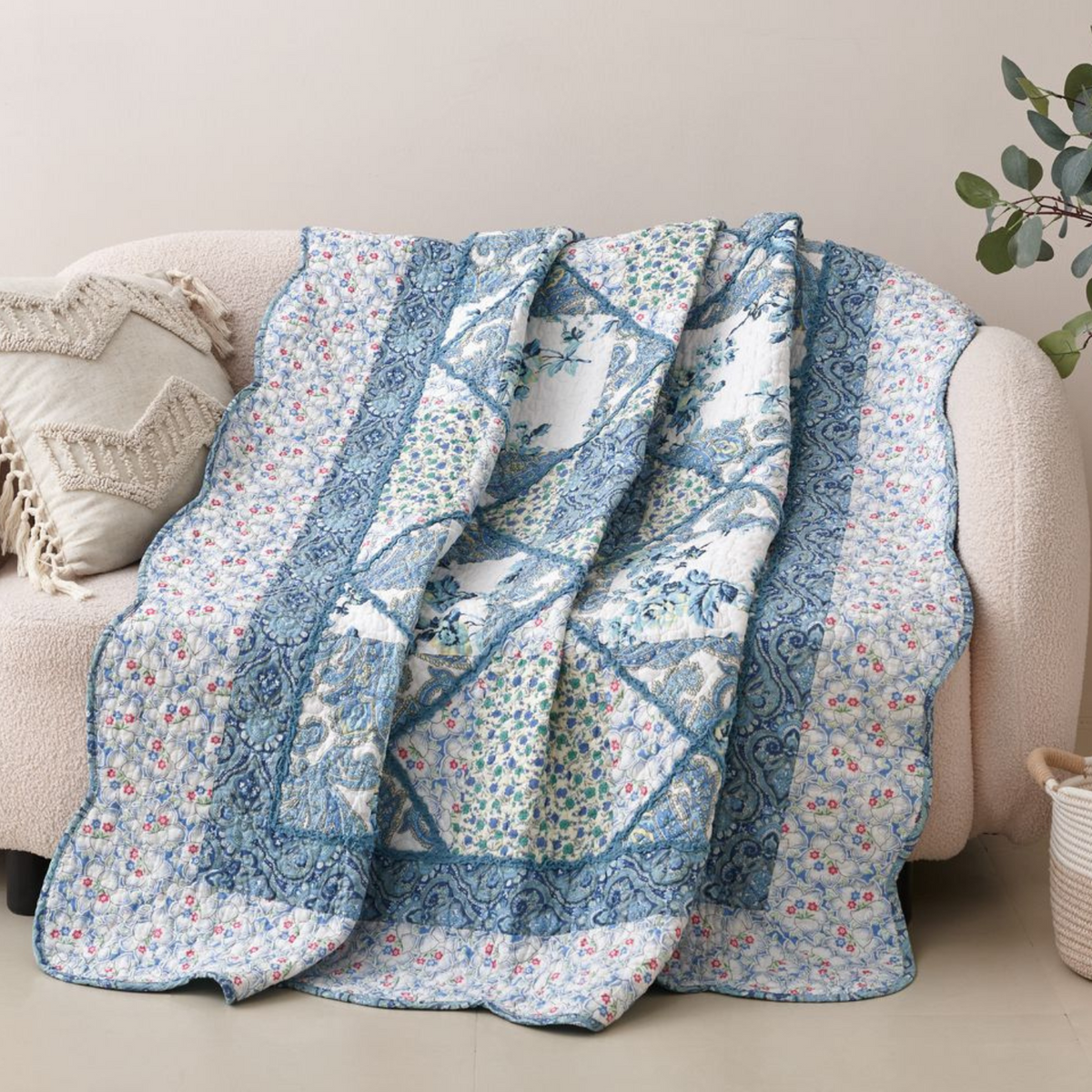 Blue and white floral patchwork cotton quilt throw blanket with scalloped edge