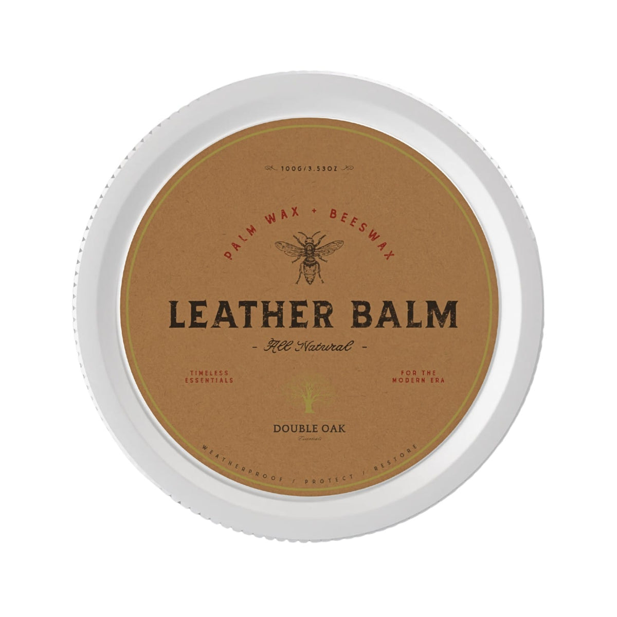 Leather protector balm in round tin lid, labeled "Leather Balm" "Double Oak"