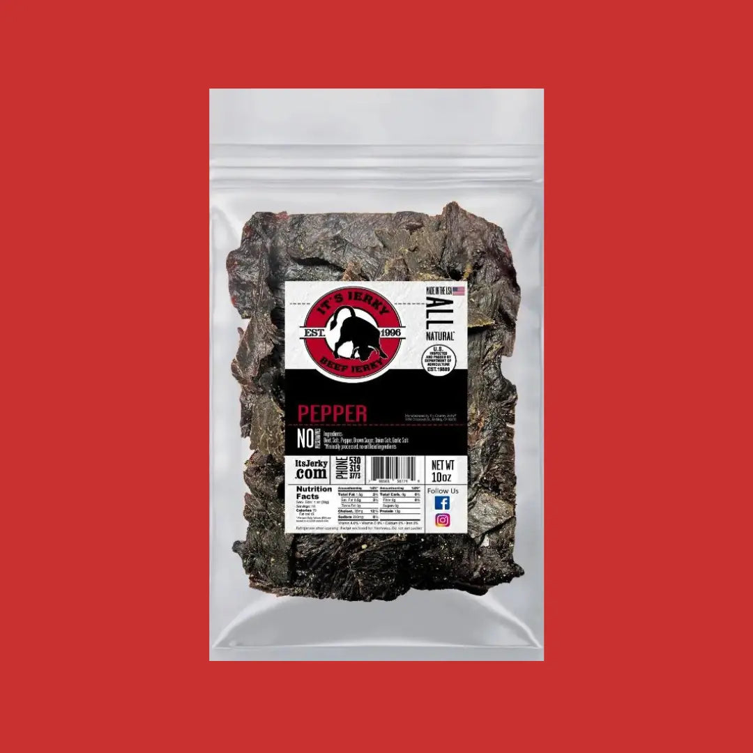 Pepper beef jerky bag with dark peppered strips, resealable package.