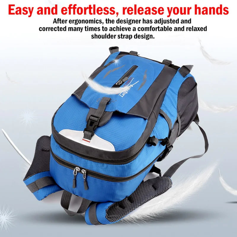 40L travel backpack with blue and gray fabric, padded straps, and front zip storage pocket