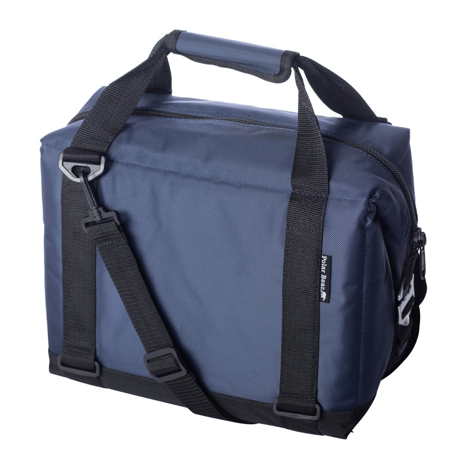 Navy and dark soft cooler bag with carry handle, front strap, and side zipper panel