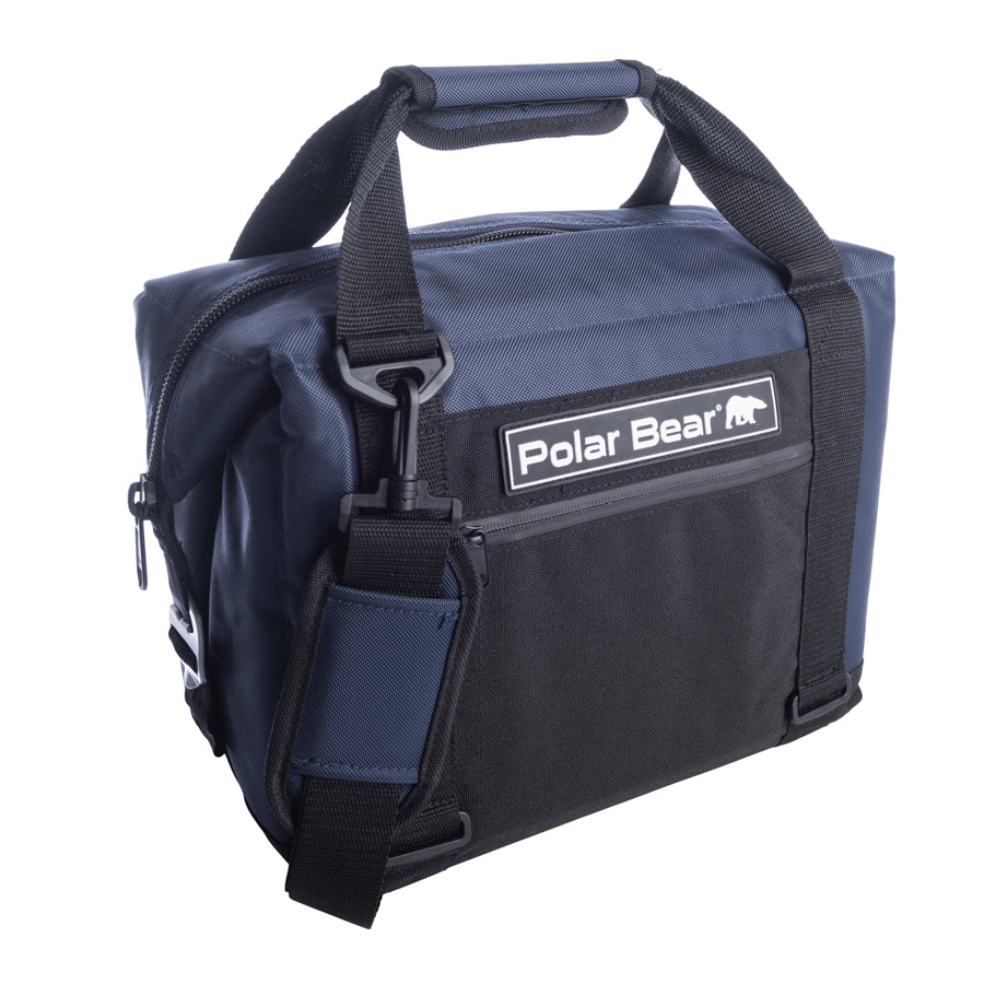 Navy and dark soft cooler bag with Polar Bear logo patch and front zip pocket