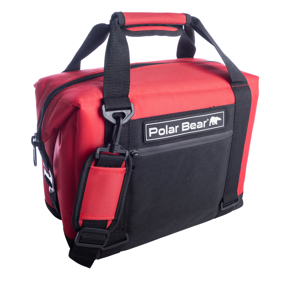 Red and black nylon soft cooler bag with Polar Bear logo patch and handle