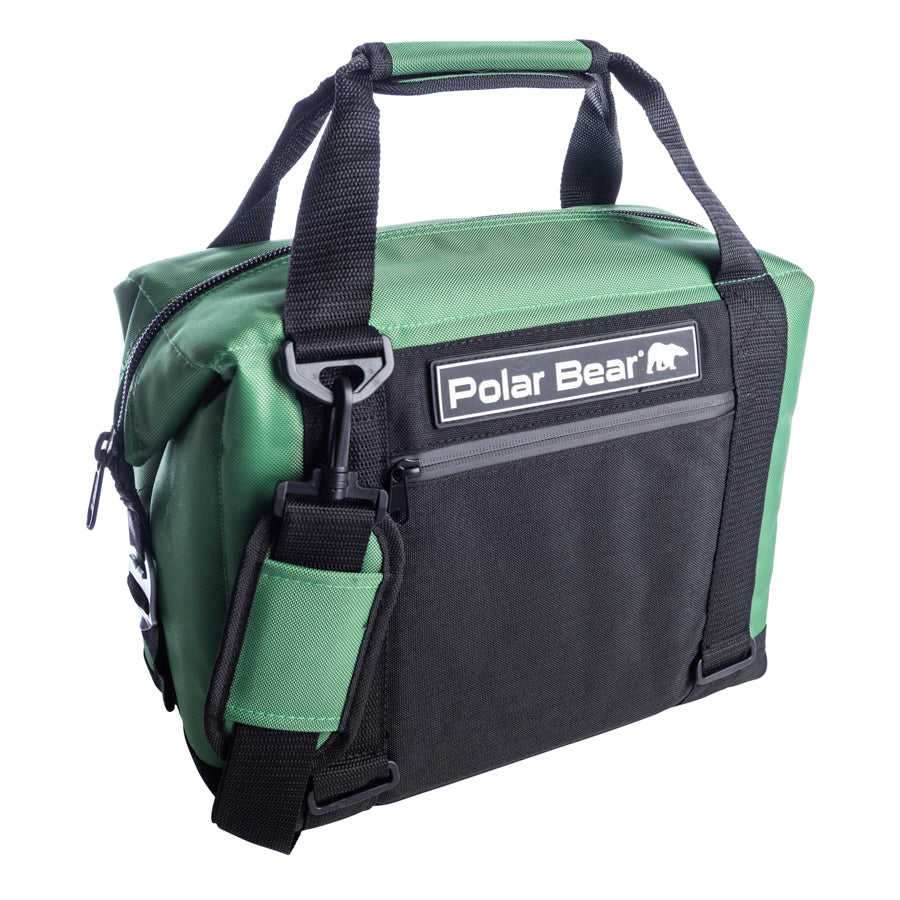 Soft cooler bag with black webbing and green top panel